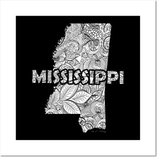 Mandala art map of Mississippi with text in white Posters and Art